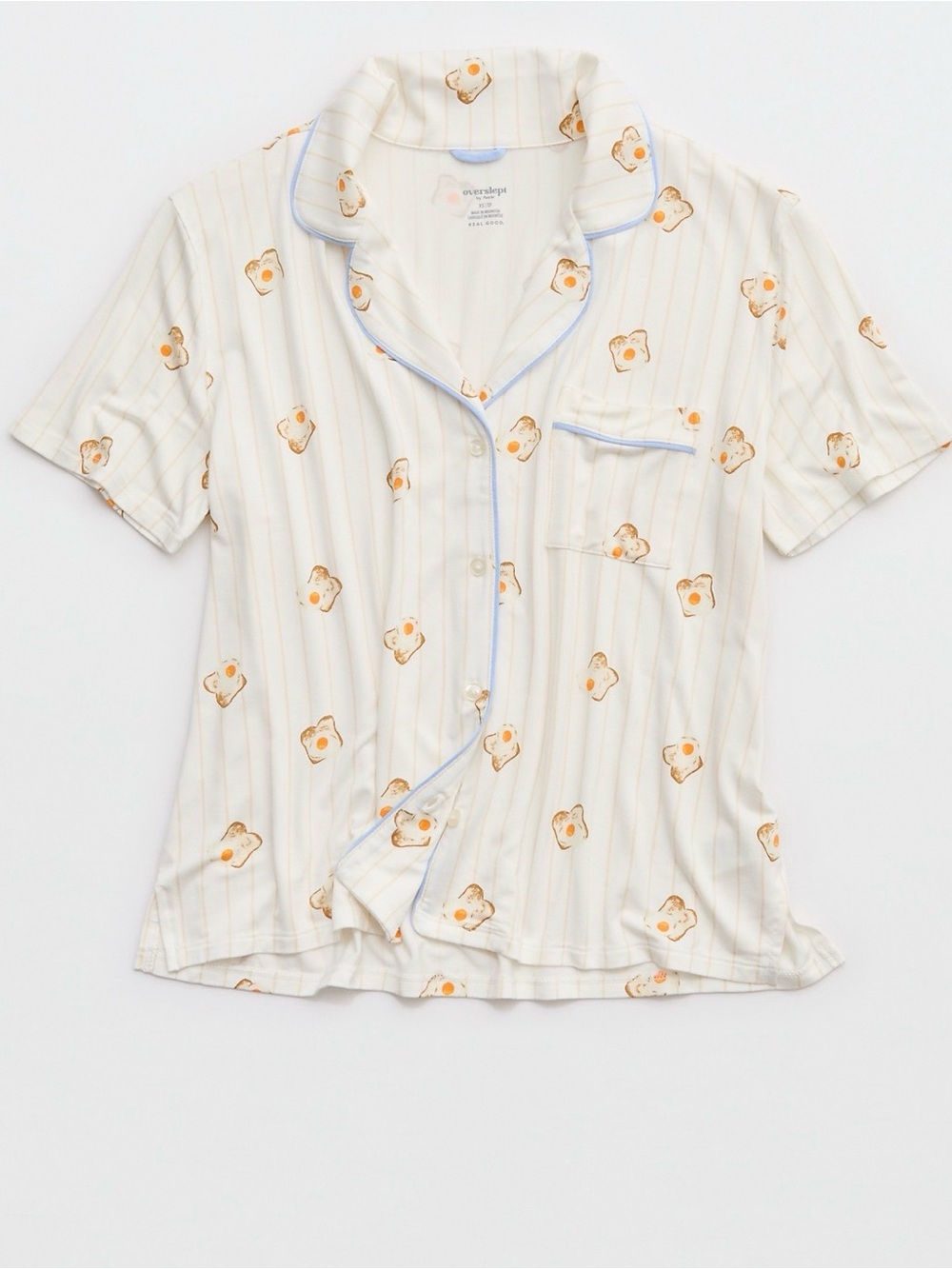 aerie Cream Short-Sleeve Toast Print Pajama Top with Blue Piping